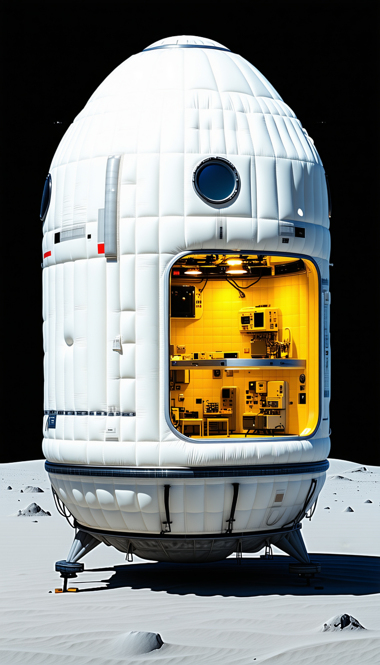A Large White Spacecraft With A Hatch Open, Revealing A Room Inside