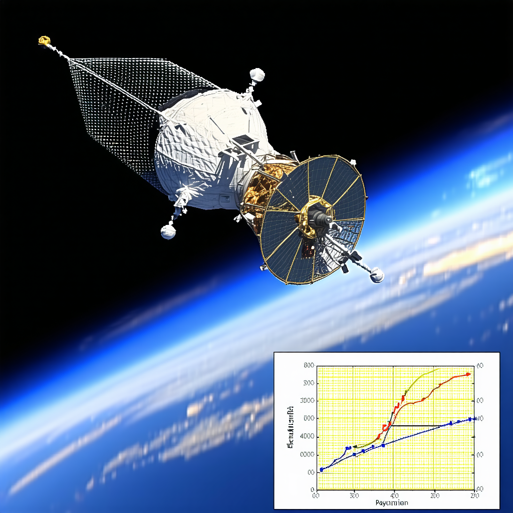 A Space Shuttle Flying Through The Sky, With A Large Satellite Dish On The Front