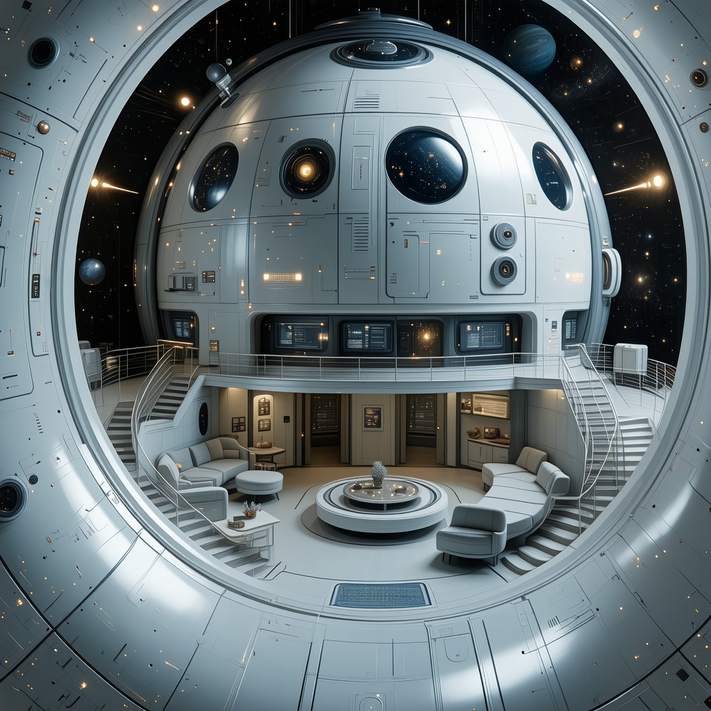 The Image Is A Futuristic Space Station With A Large White Dome At The Center