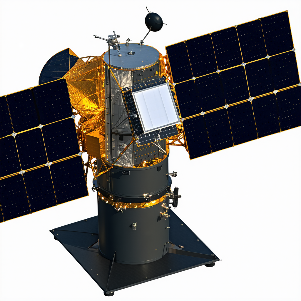 A Spacecraft Is Shown In A Close-up View, With Its Solar Panels And Satellite Dish Clearly Visible