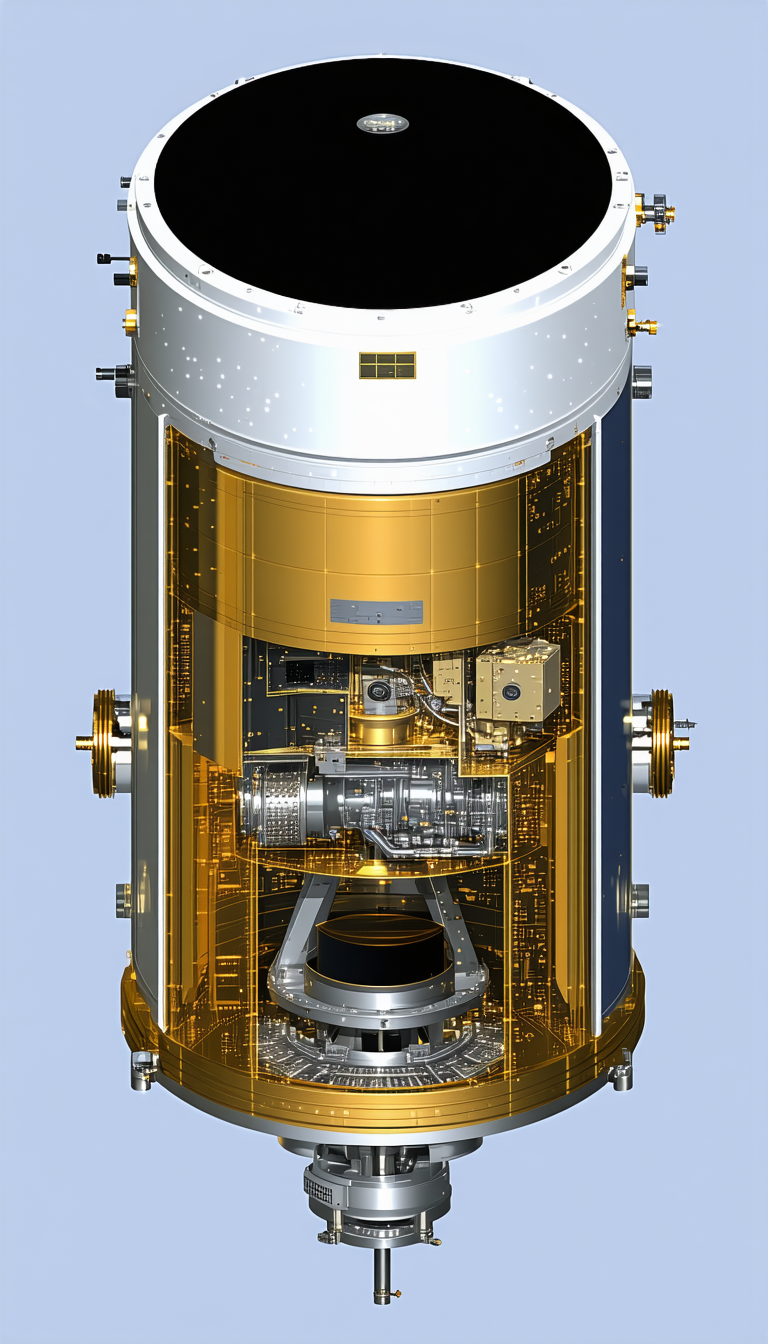 A Large, Round, Metallic Structure Is Shown In A Blue Background