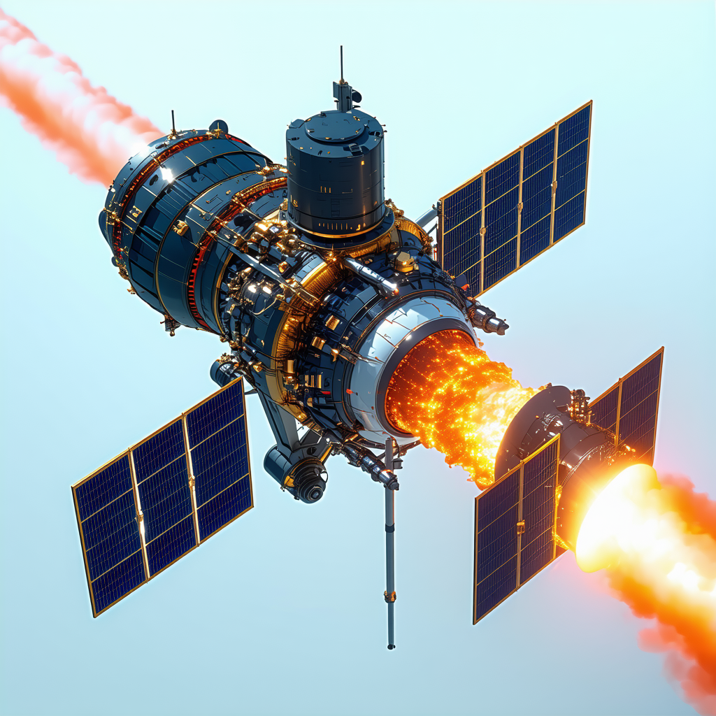 A Futuristic Spacecraft Is Shown In A Blue Sky, With Its Engine Glowing Brightly