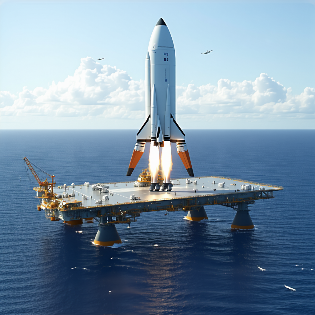 A Space Shuttle Launching From A Floating Platform In The Ocean