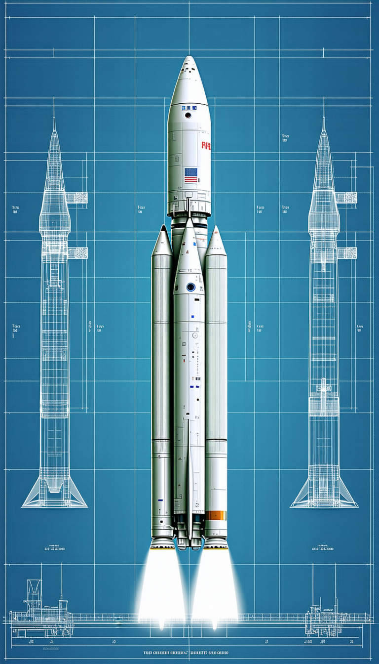 A Large Rocket Is Shown In A Blueprint, With A Smaller Rocket On The Left Side Of The Image