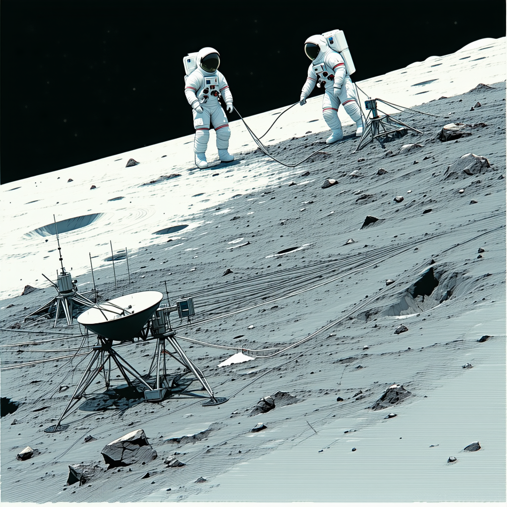 In The Image, There Are Two Astronauts Standing On The Moon, Each Holding A Rope