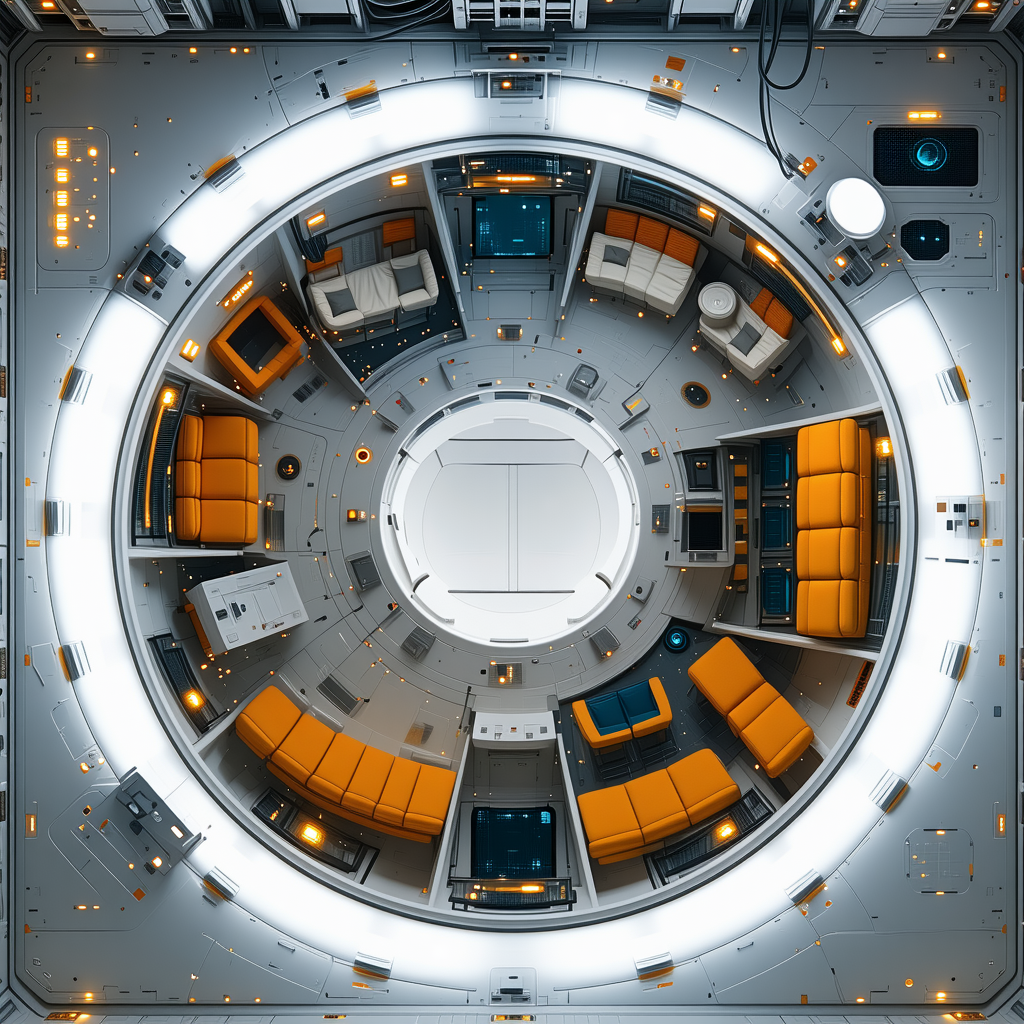The Image Is A Futuristic Space Station With A Large Circular Room At Its Center