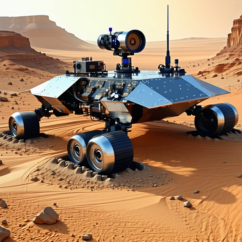 A Large, Silver, Four-wheeled Vehicle, Possibly A Rover, Parked In A Desert-like Environment