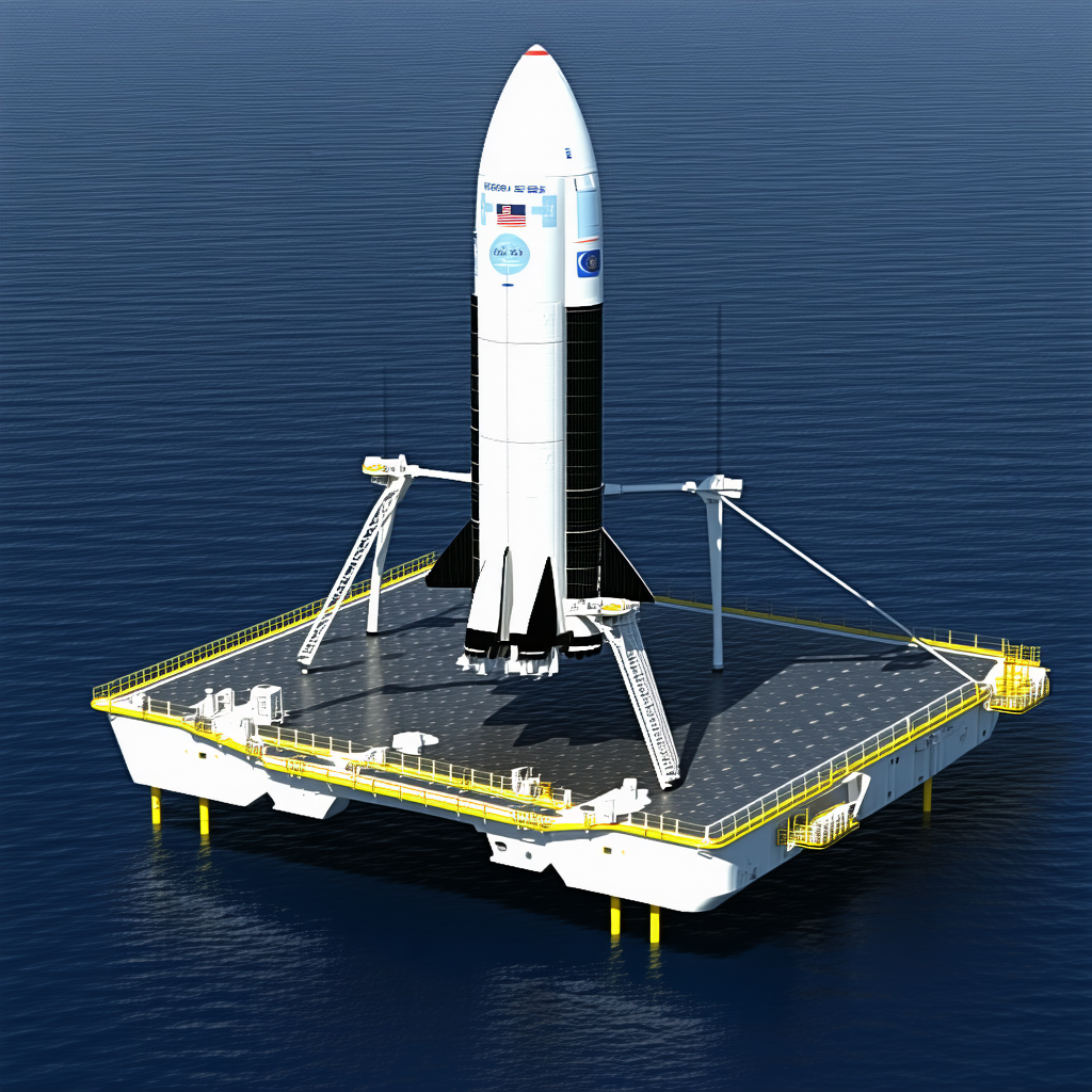 A Large Rocket Ship Is Floating On A Platform In The Ocean