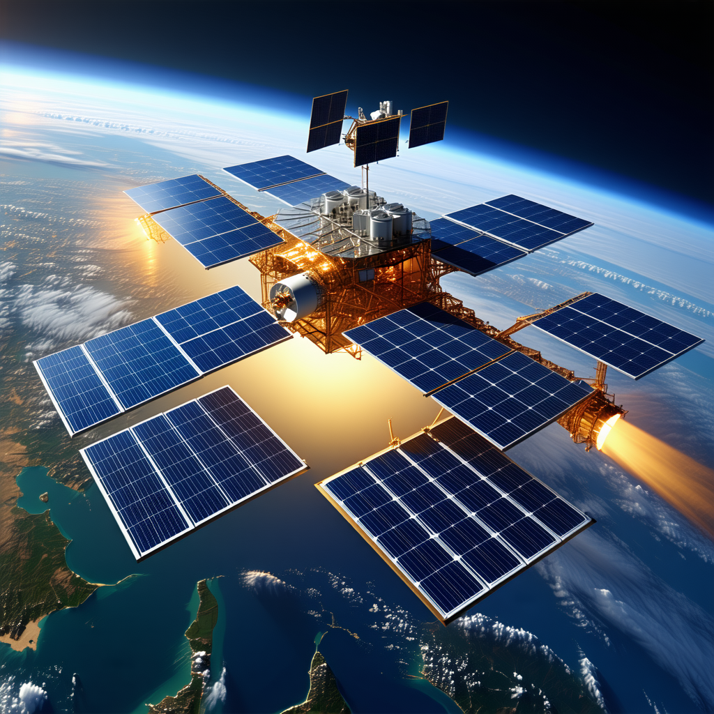 A Large Satellite With A Solar Panel On Its Side, Floating In The Sky