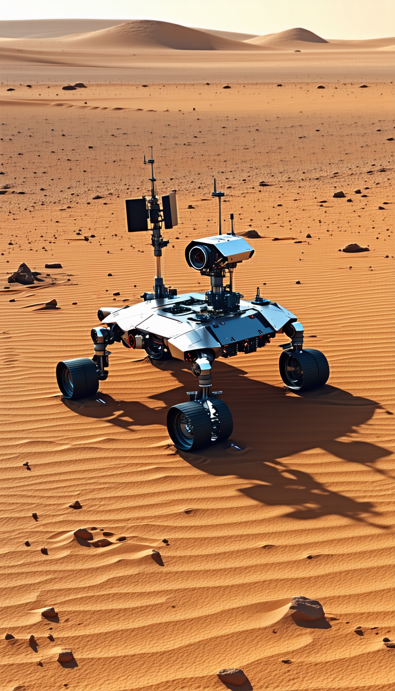 A Large Robotic Vehicle, Possibly A Rover, Sitting On A Sandy Surface