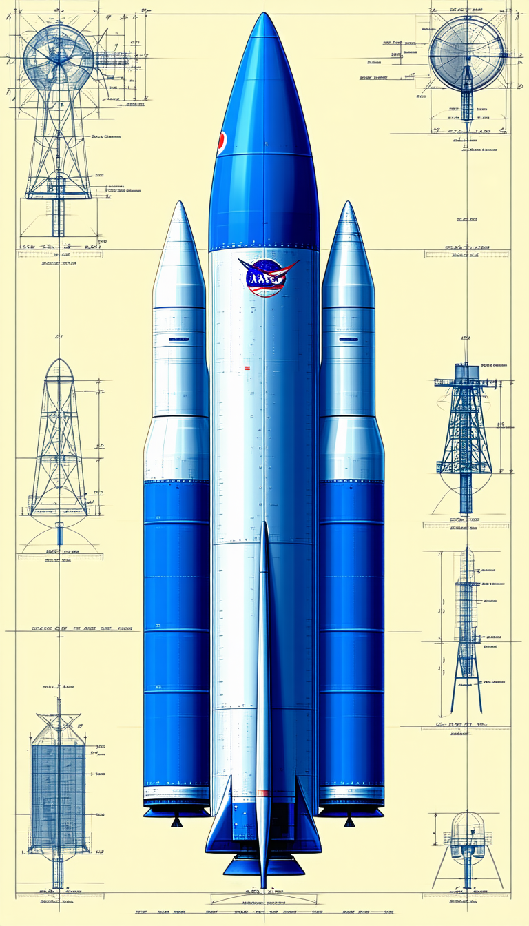 A Blue Rocket Ship Is Shown In A Drawing, With A Close Up Of The Front Of The Ship