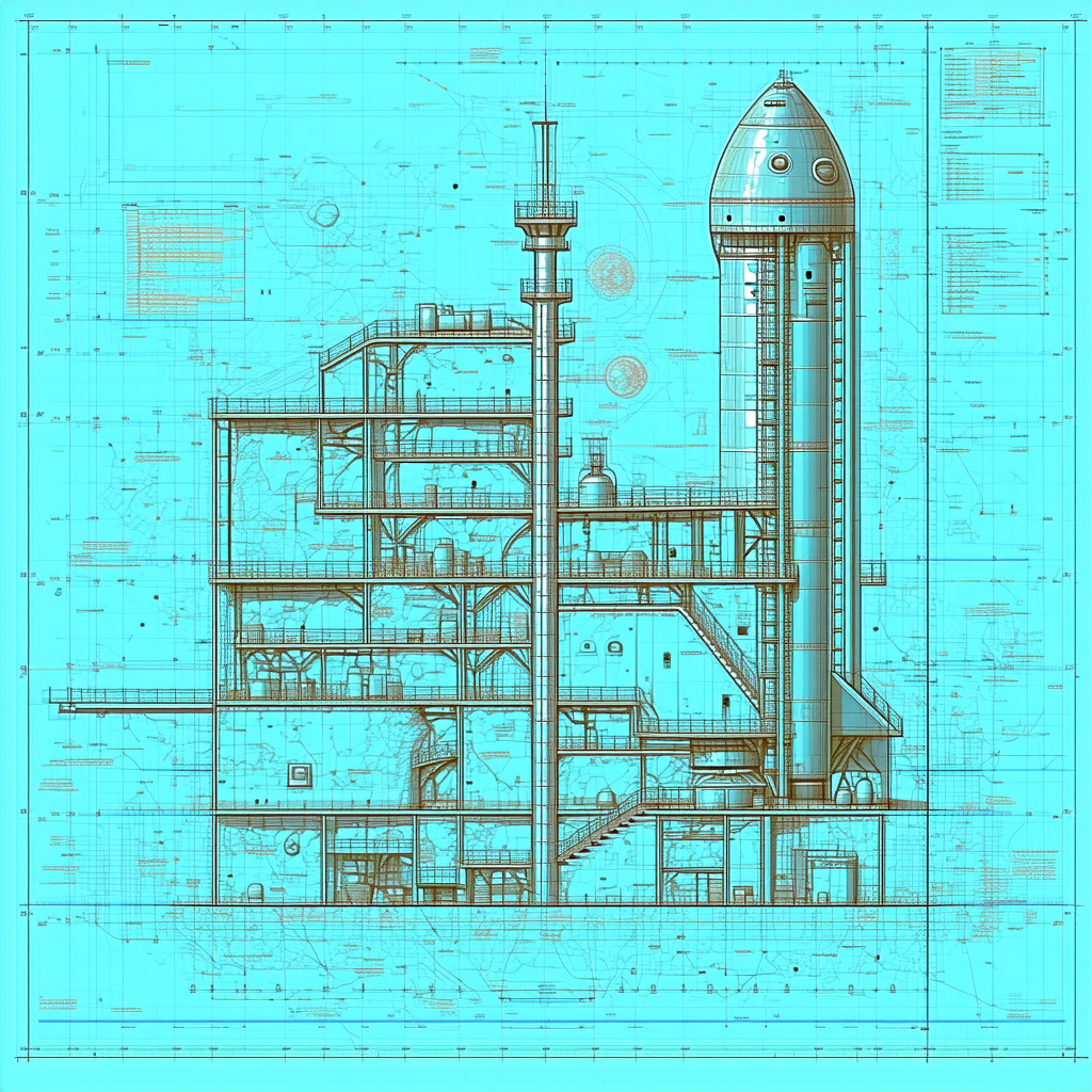 The Image Is A Blueprint Of A Large Building, Possibly A Space Station Or A Rocket Launcher