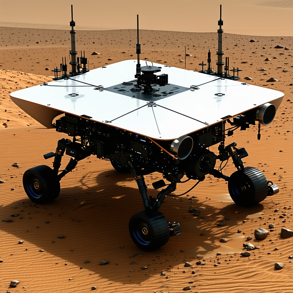 A Large, Four-wheeled Vehicle With A White Top, Sitting On A Sandy Surface