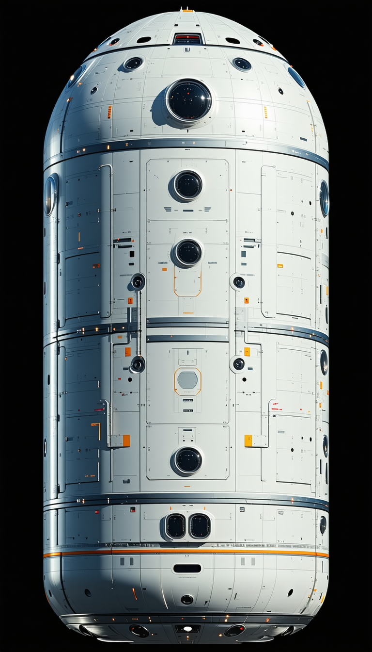A Large White Spacecraft Is Shown In A Dark Room, With A Few Orange Lights Illuminating The Scene