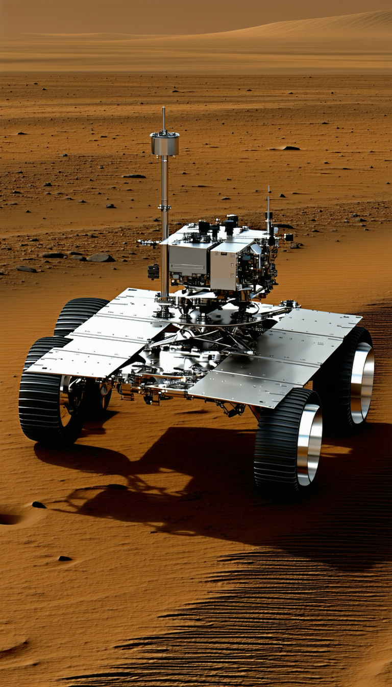 A Large, Silver Robotic Vehicle On A Dirt Surface