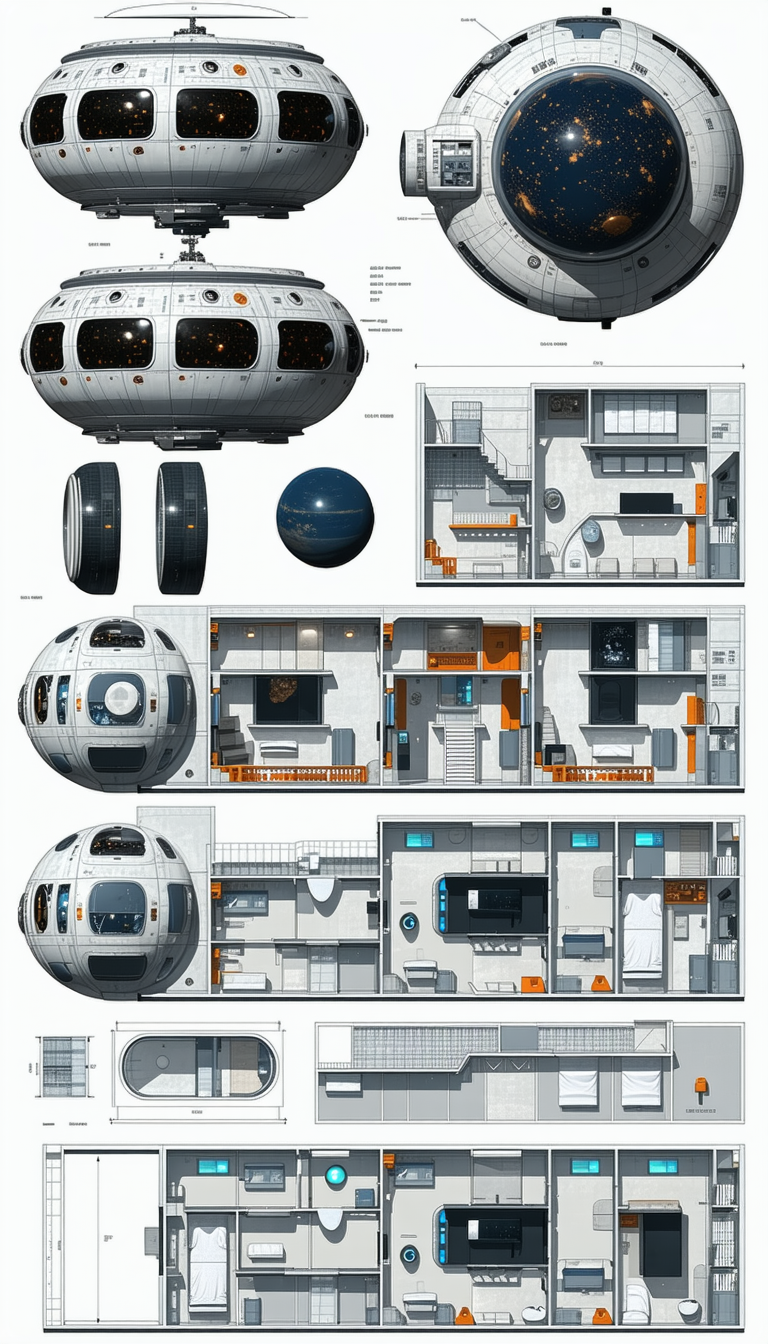 A Series Of Drawings Show A Space Station With Various Rooms And Features