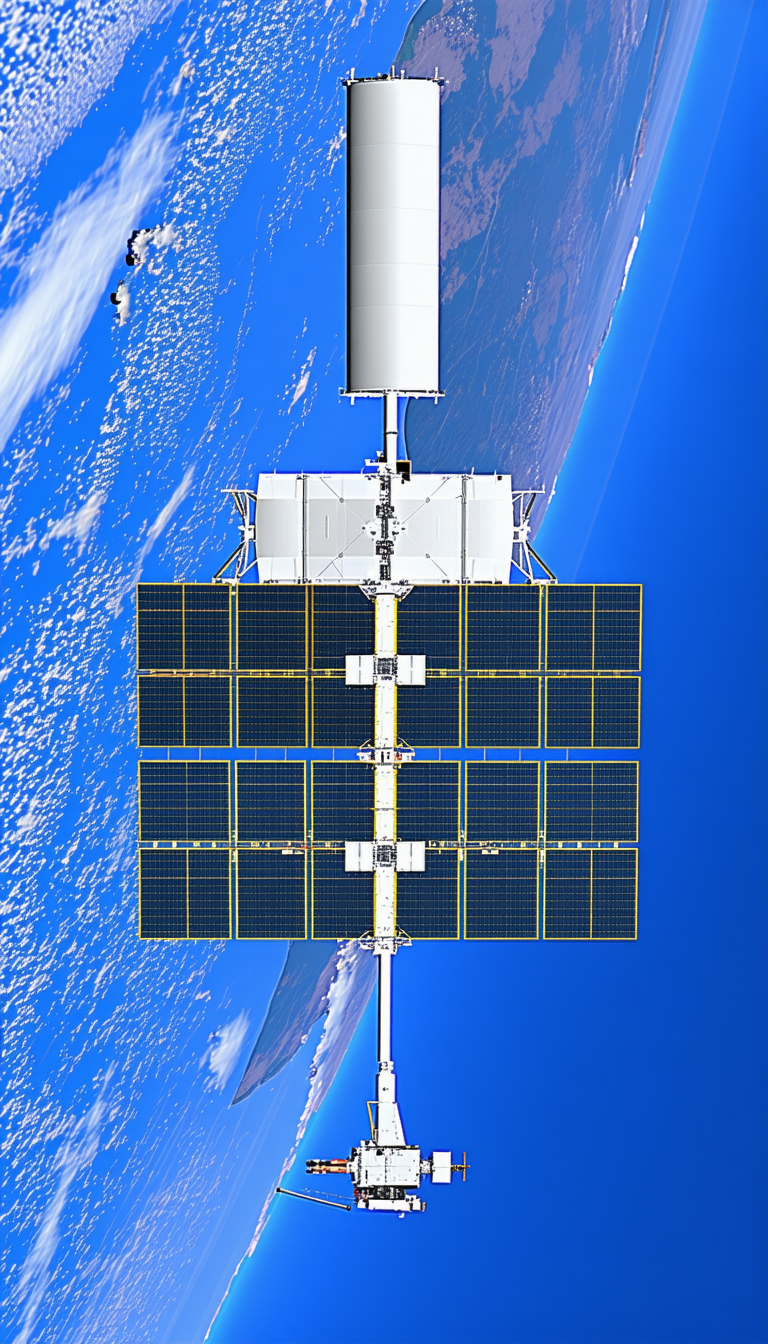 A Large Satellite In Space, With A Long, Thin, And Curved Structure