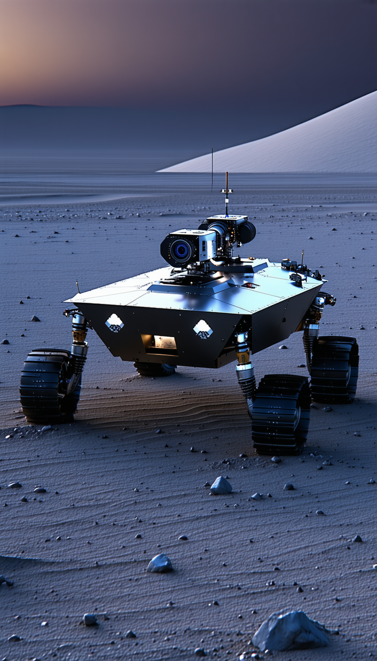 A Robotic Vehicle Is Sitting On A Rocky Surface, Possibly A Desert
