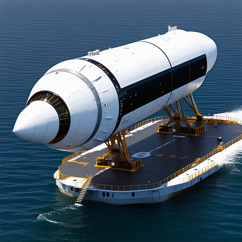 A Large White And Black Space Shuttle Is Being Transported On A Barge In The Ocean
