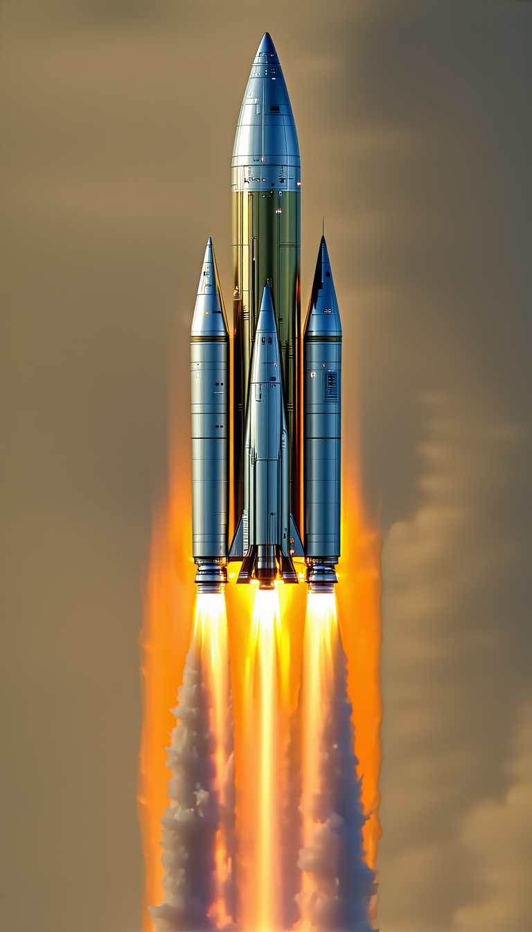 A Rocket Launching Into The Sky, With Its Booster Rockets Still Attached