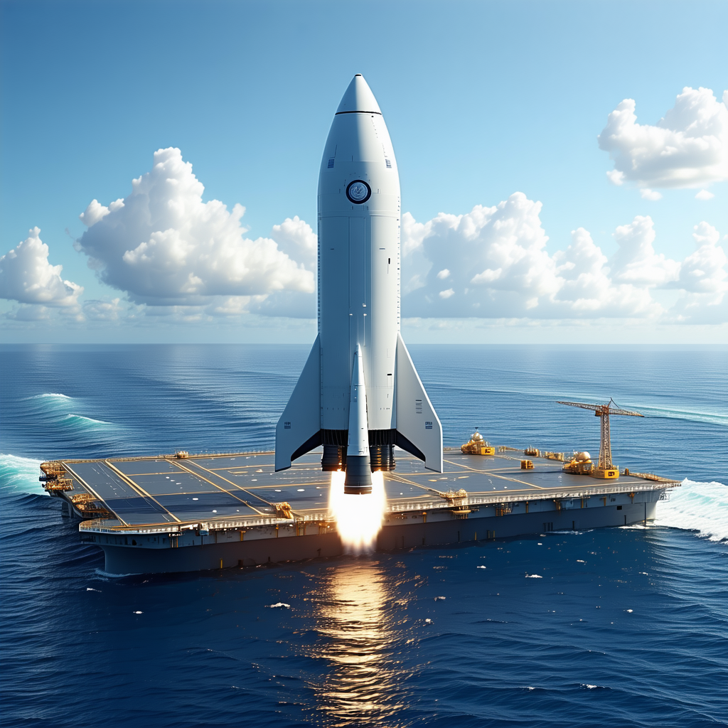 A Large White Rocket Ship Is Being Launched From A Large Ship In The Ocean