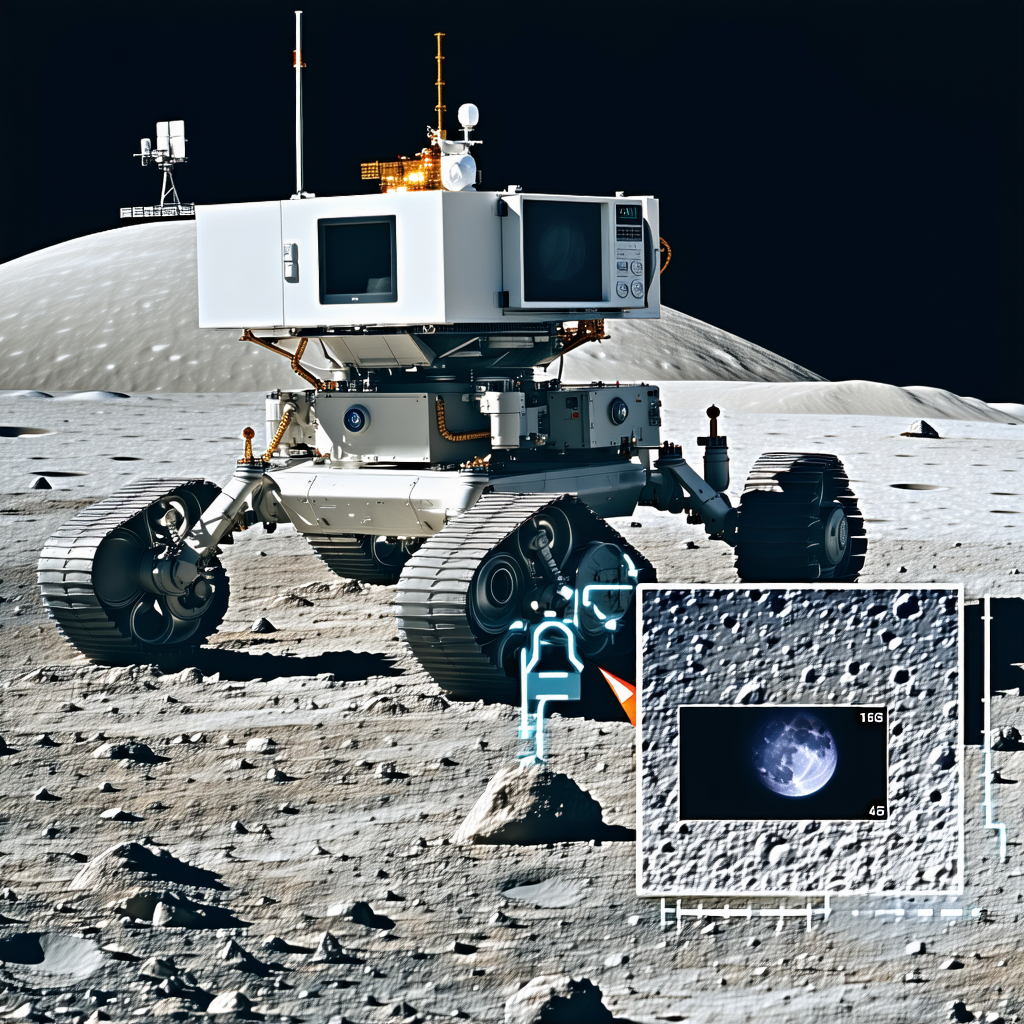 A White Robotic Vehicle, Possibly A Rover, Parked On The Surface Of A Moon