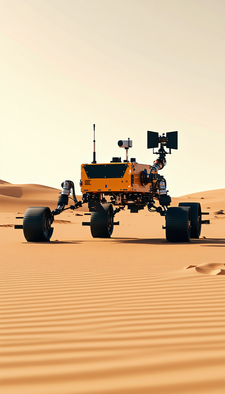 A Large Yellow Robotic Vehicle, Possibly A Tank, Driving Across A Sandy Terrain
