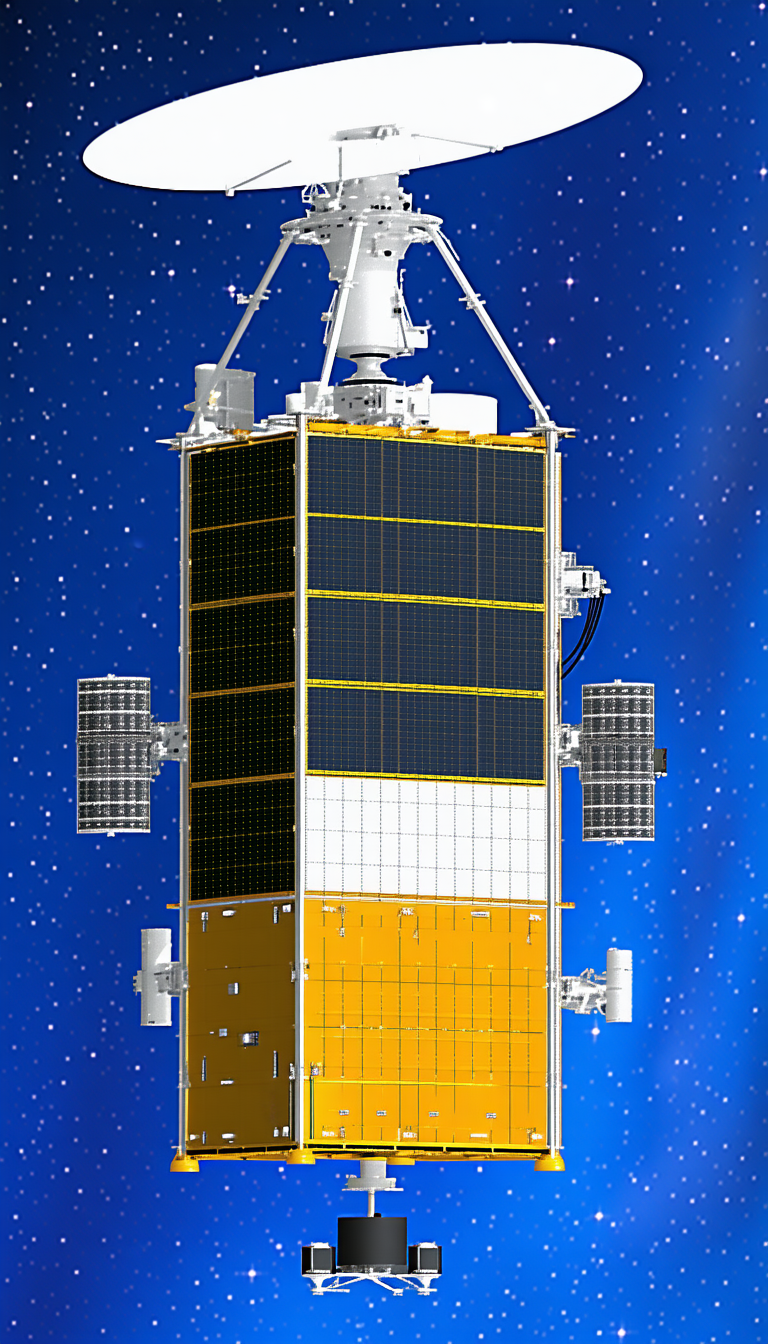 A Large Satellite With A Yellow And White Color Scheme