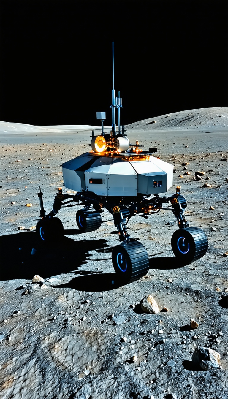 A Robotic Vehicle Is Parked On The Moon, With Its Wheels Facing The Camera