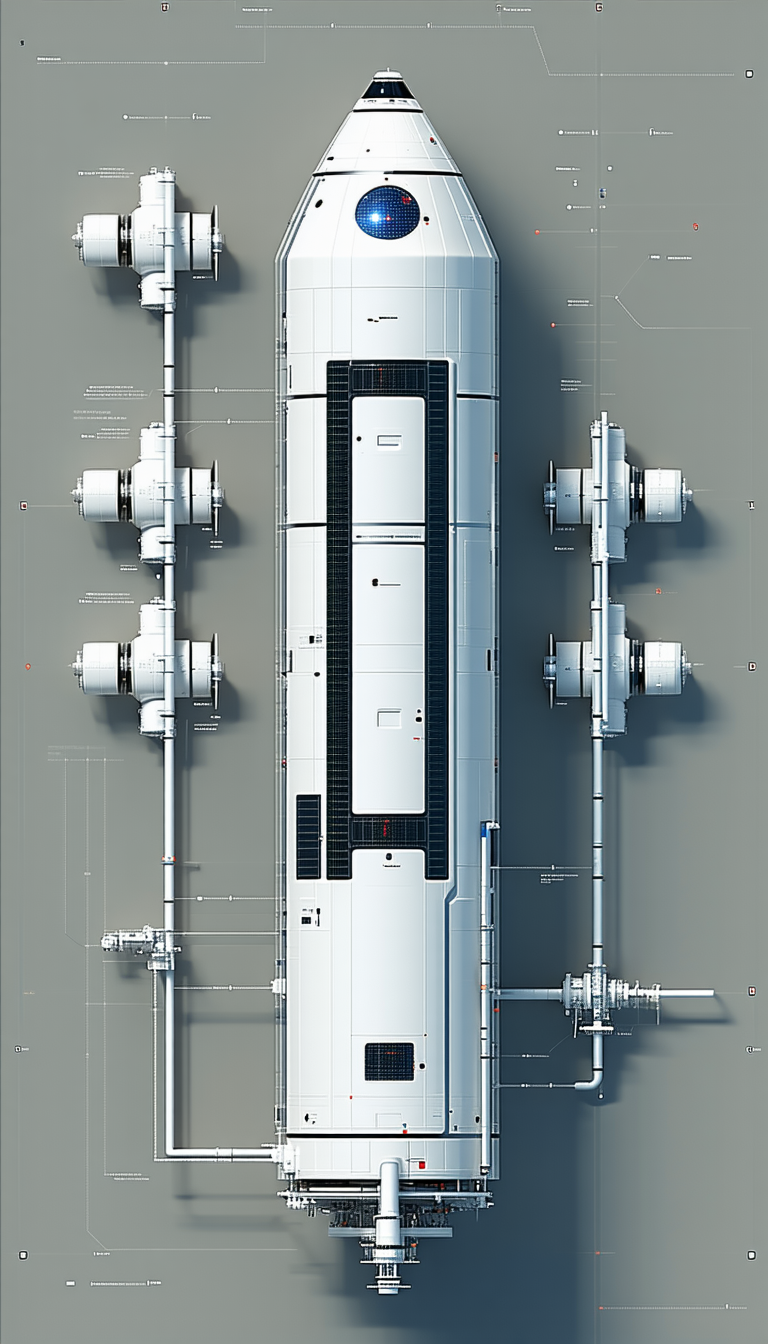 A Large White Spacecraft Is Shown In A Drawing, With A Side View Of The Spacecraft