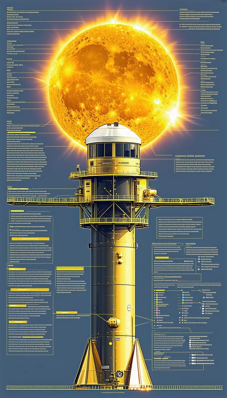 A Large Yellow Tower Is Shown In A Poster, With A Sun In The Center Of The Tower