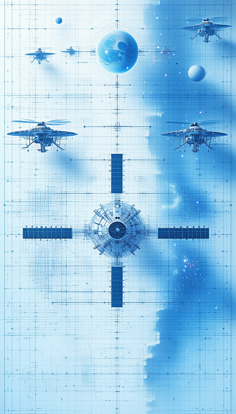 A Futuristic Scene With Two Large, Blue, And White Helicopters Flying In The Sky