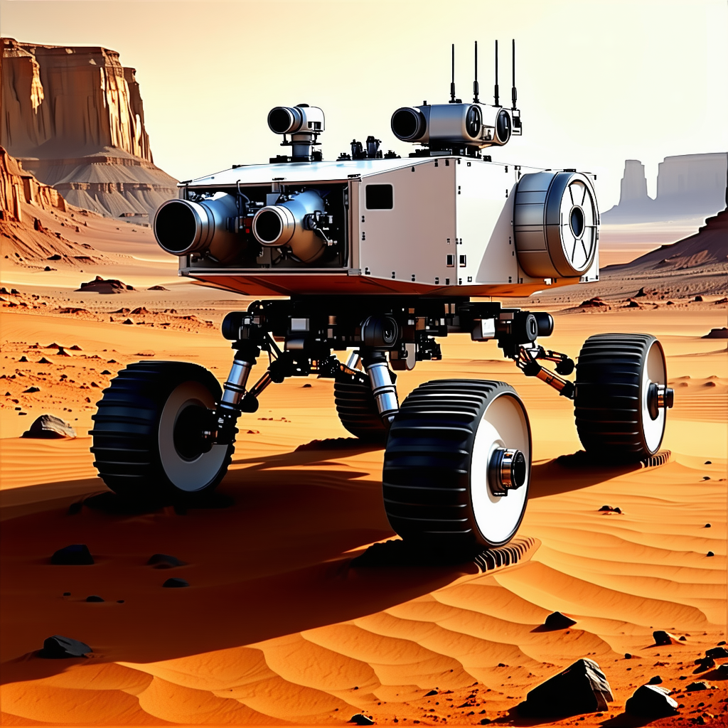 A Futuristic Vehicle, Possibly A Robot Or A Spacecraft, Driving Across A Desert Landscape