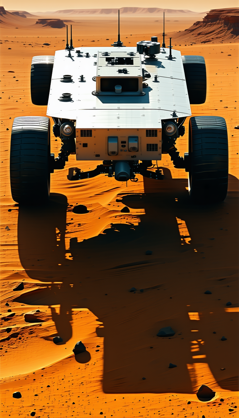 A Large, Four-wheeled Vehicle Is Driving Across A Sandy Terrain