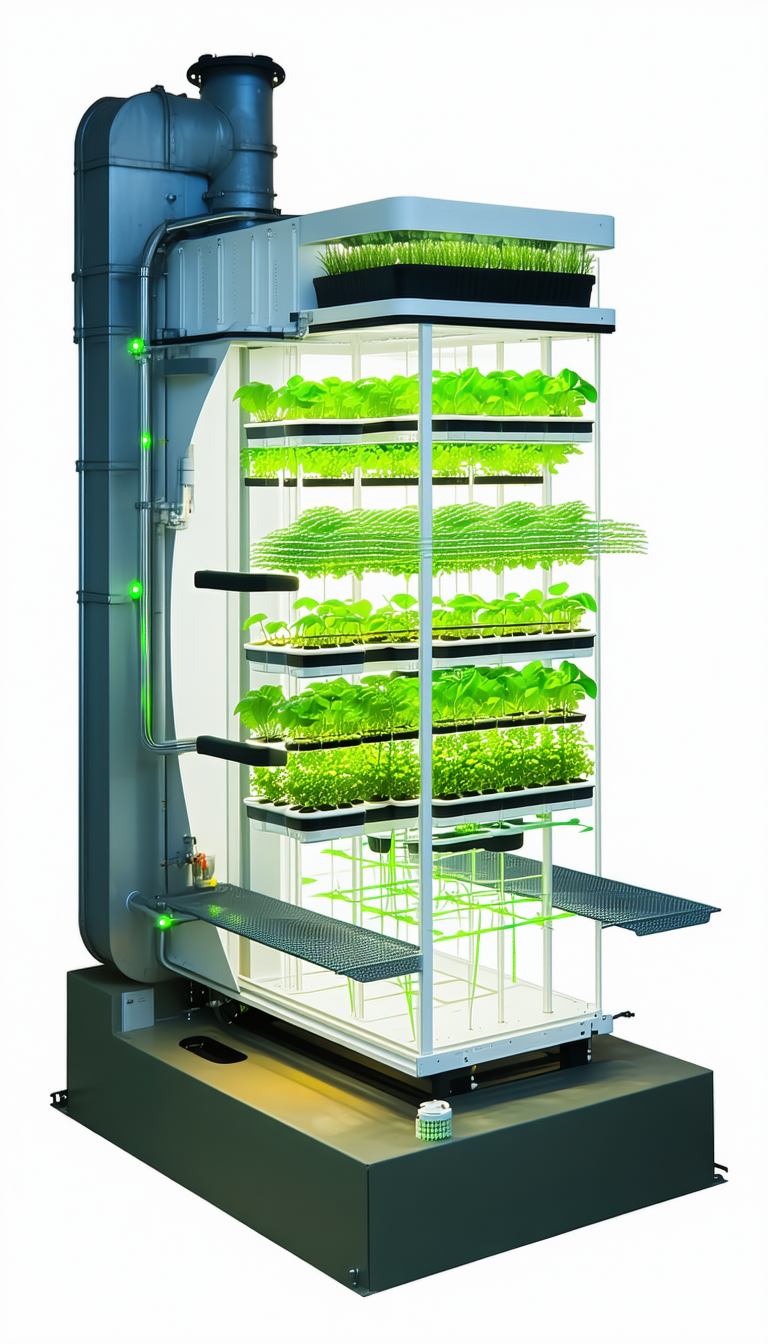 A Large, White, And Green Machine Filled With Numerous Potted Plants