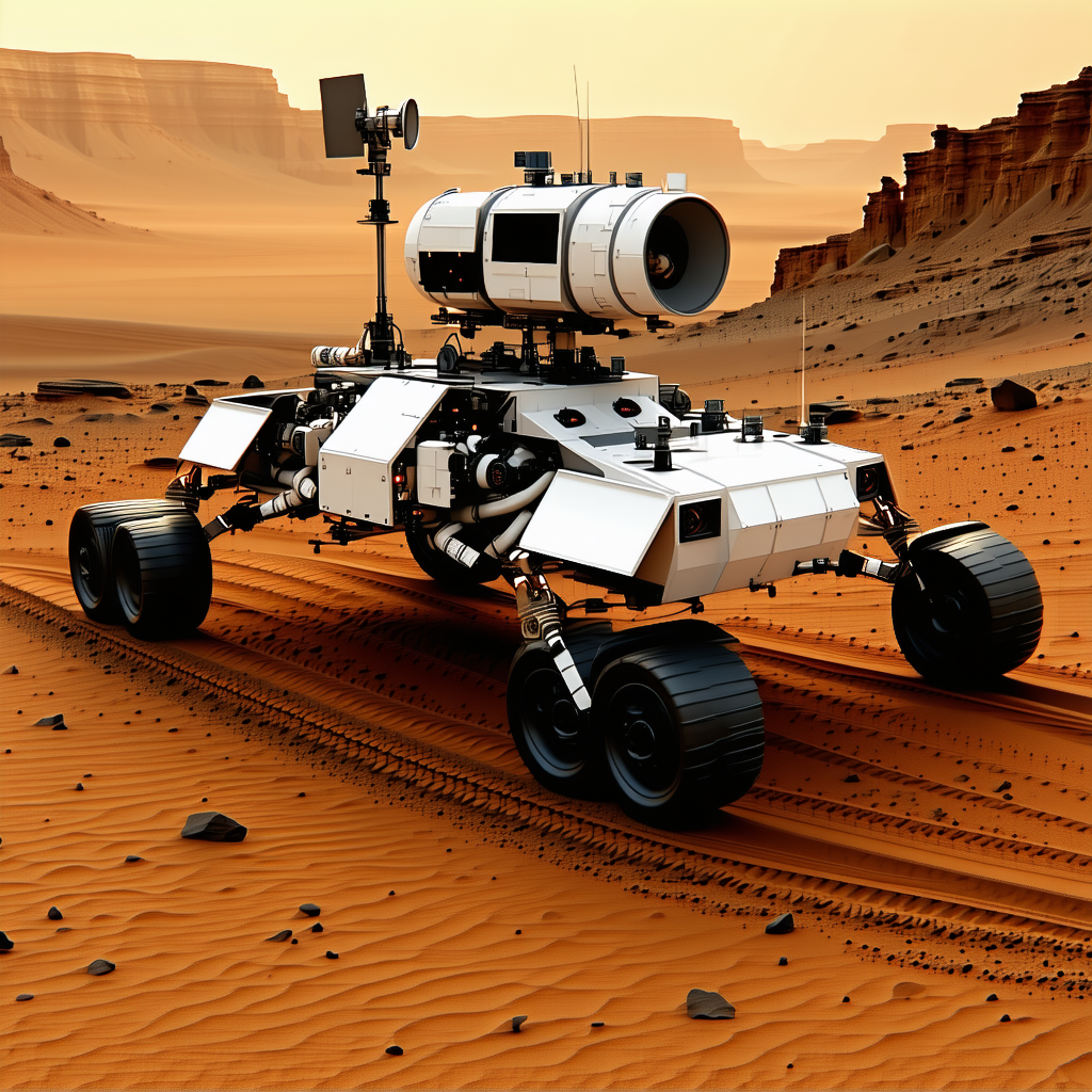 A White Robotic Vehicle Is Driving On A Dirt Road