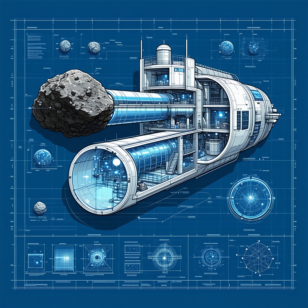 The Image Is A Blue And White Drawing Of A Space Station