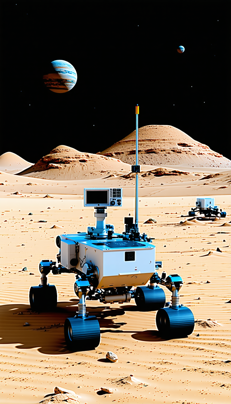 A White Robotic Vehicle With A Camera On Top, Standing On A Sandy Surface