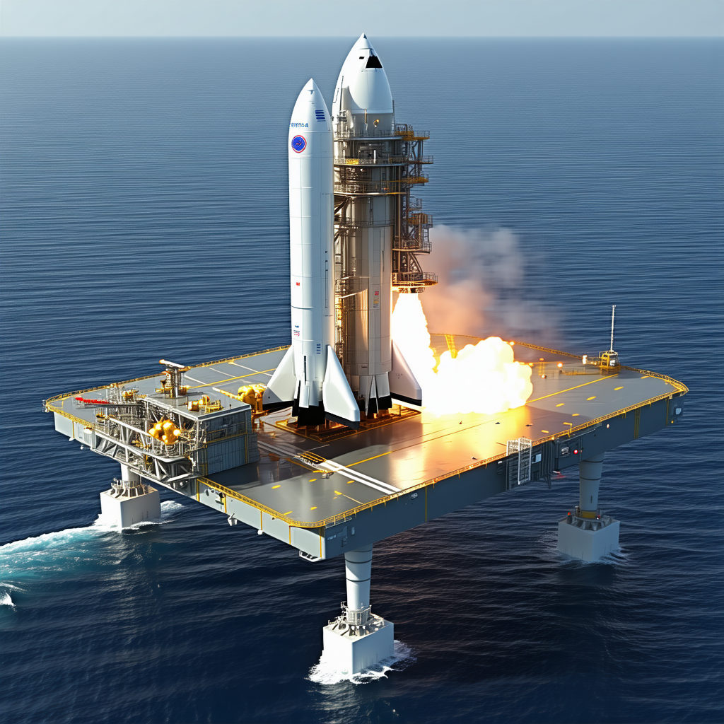 A Large White Rocket Ship Is Docked On A Floating Platform In The Ocean