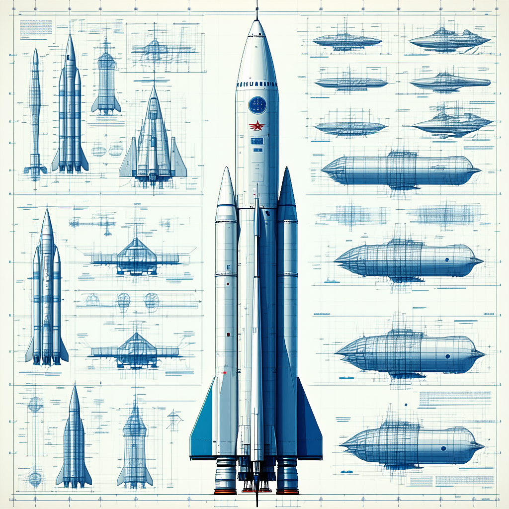 A Large Rocket Ship Is Shown In A Blue And White Drawing