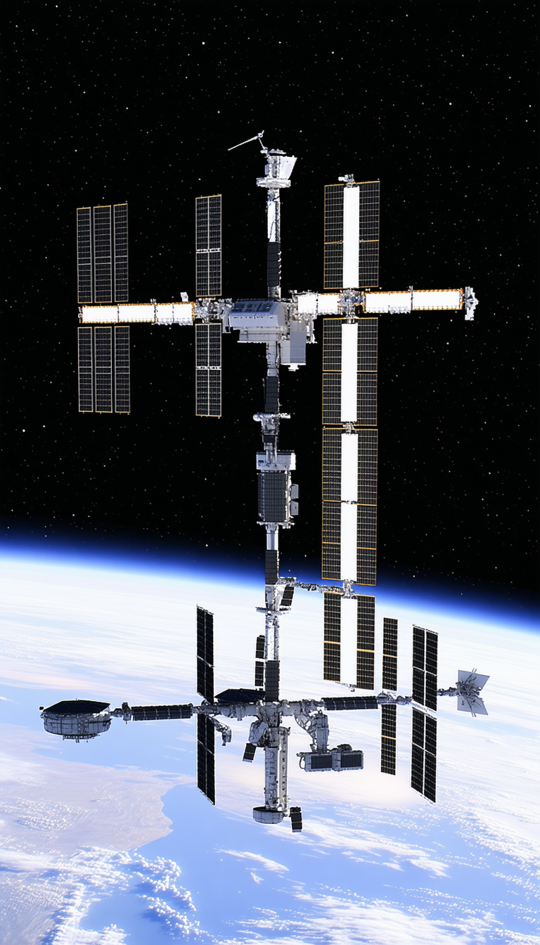 A Large Space Station With A White And Black Color Scheme