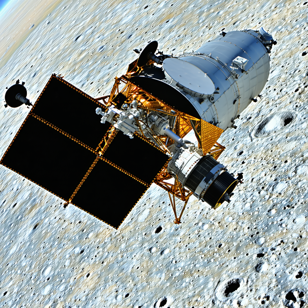 A Spacecraft Is Flying Through The Air, With A Large Satellite Dish On The Front