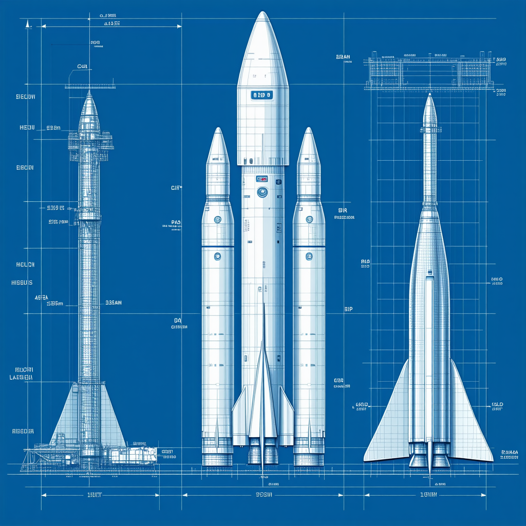 A Blue Drawing Of A Rocket Ship Is Shown, With A Smaller Rocket Ship Next To It