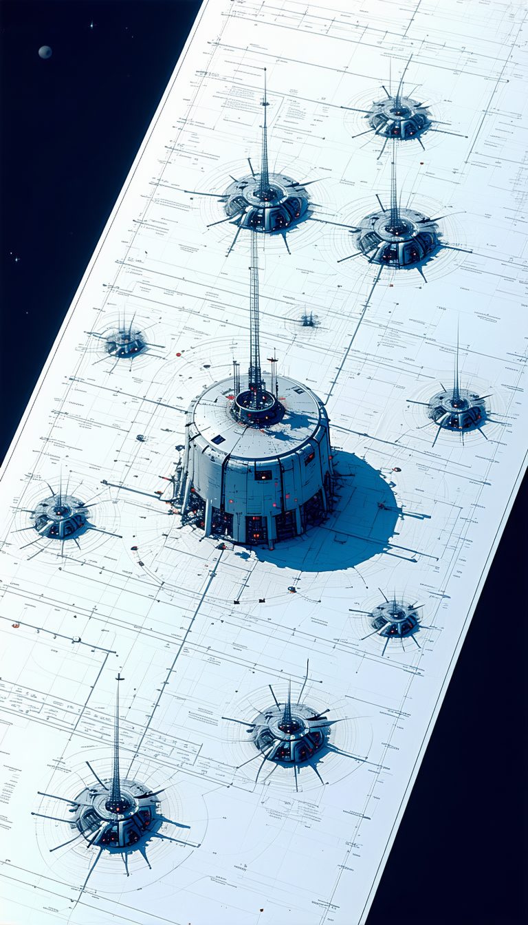 A Futuristic Space Station Is Depicted In A Blue And White Drawing