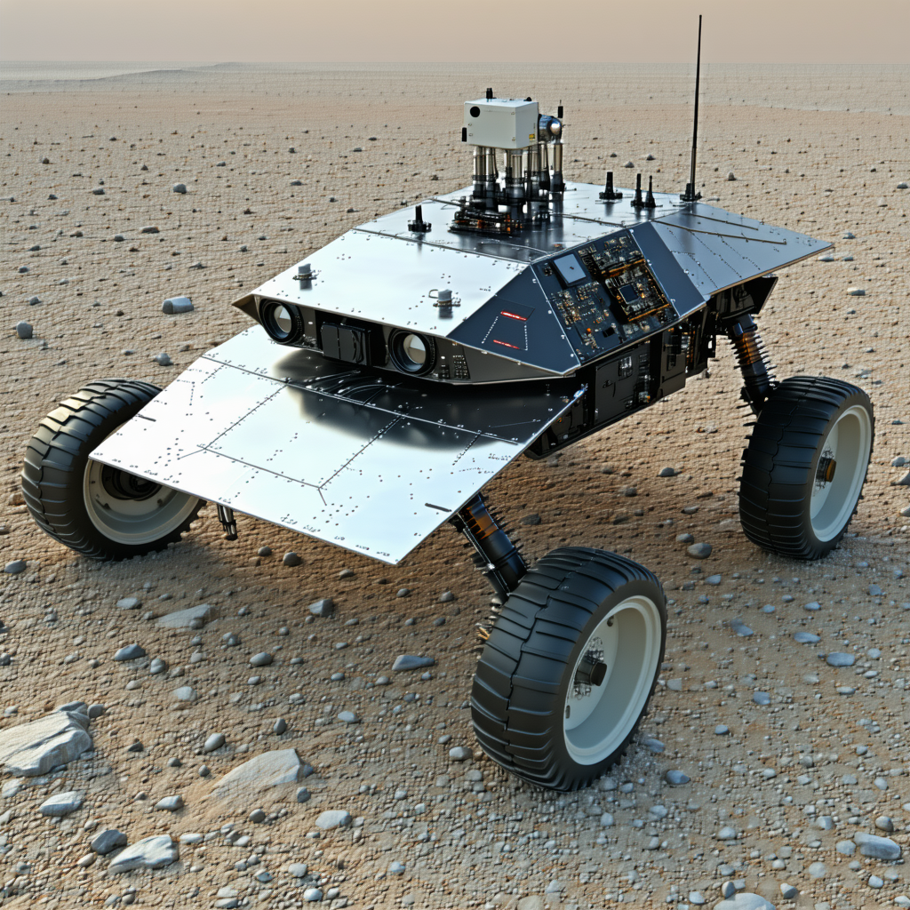 A Futuristic Robotic Vehicle, Possibly A Tank Or A Rover, Parked On A Rocky Terrain