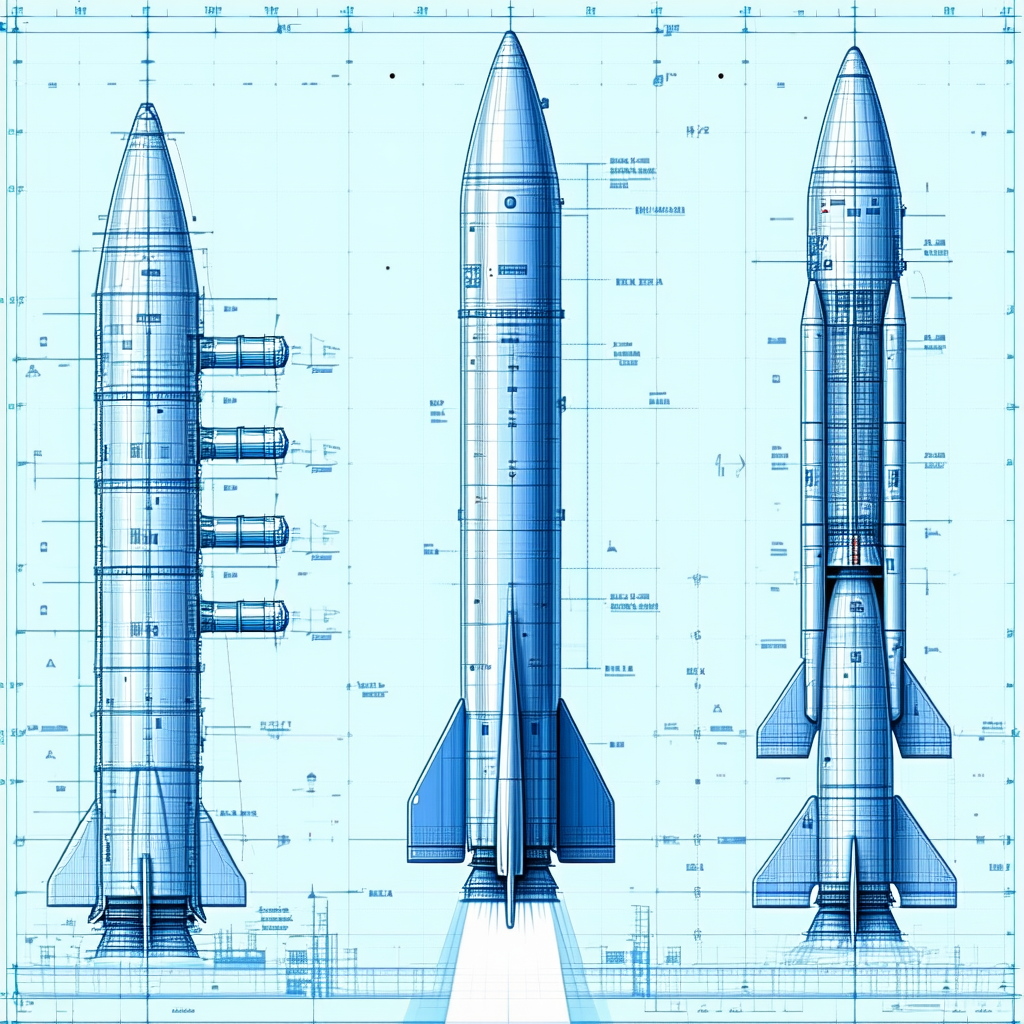 A Blue Rocket Ship Is Shown In Three Different Stages Of Its Flight