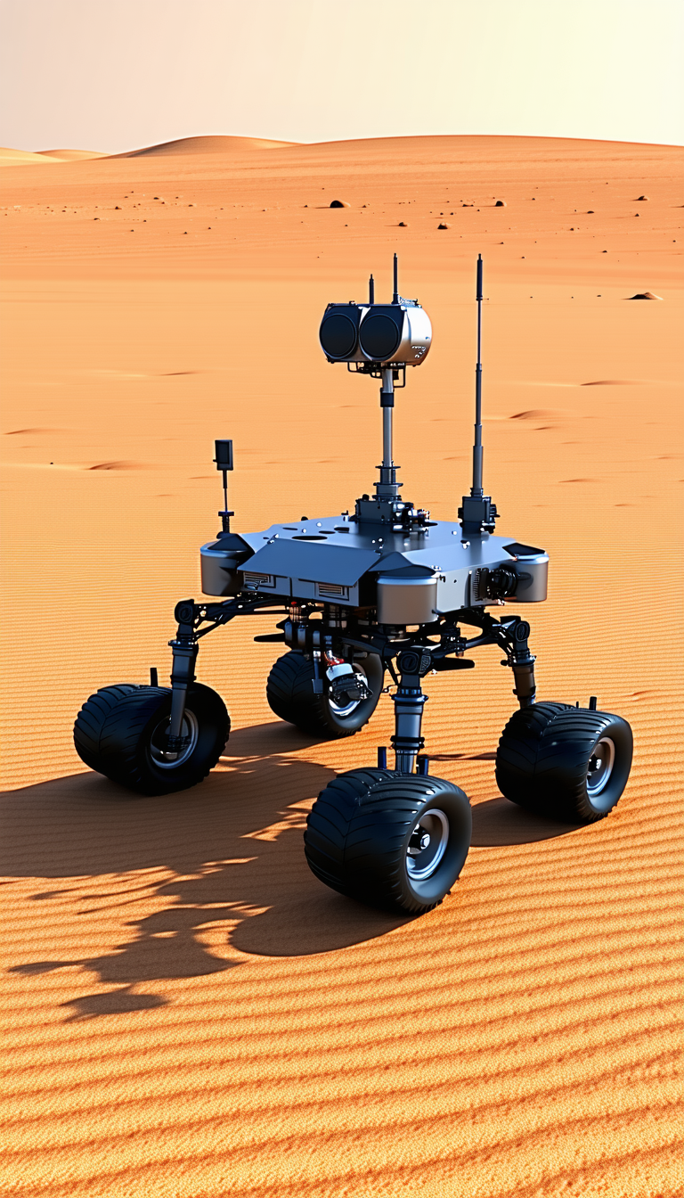 A Large Robotic Vehicle With Four Wheels, Standing On A Sandy Surface