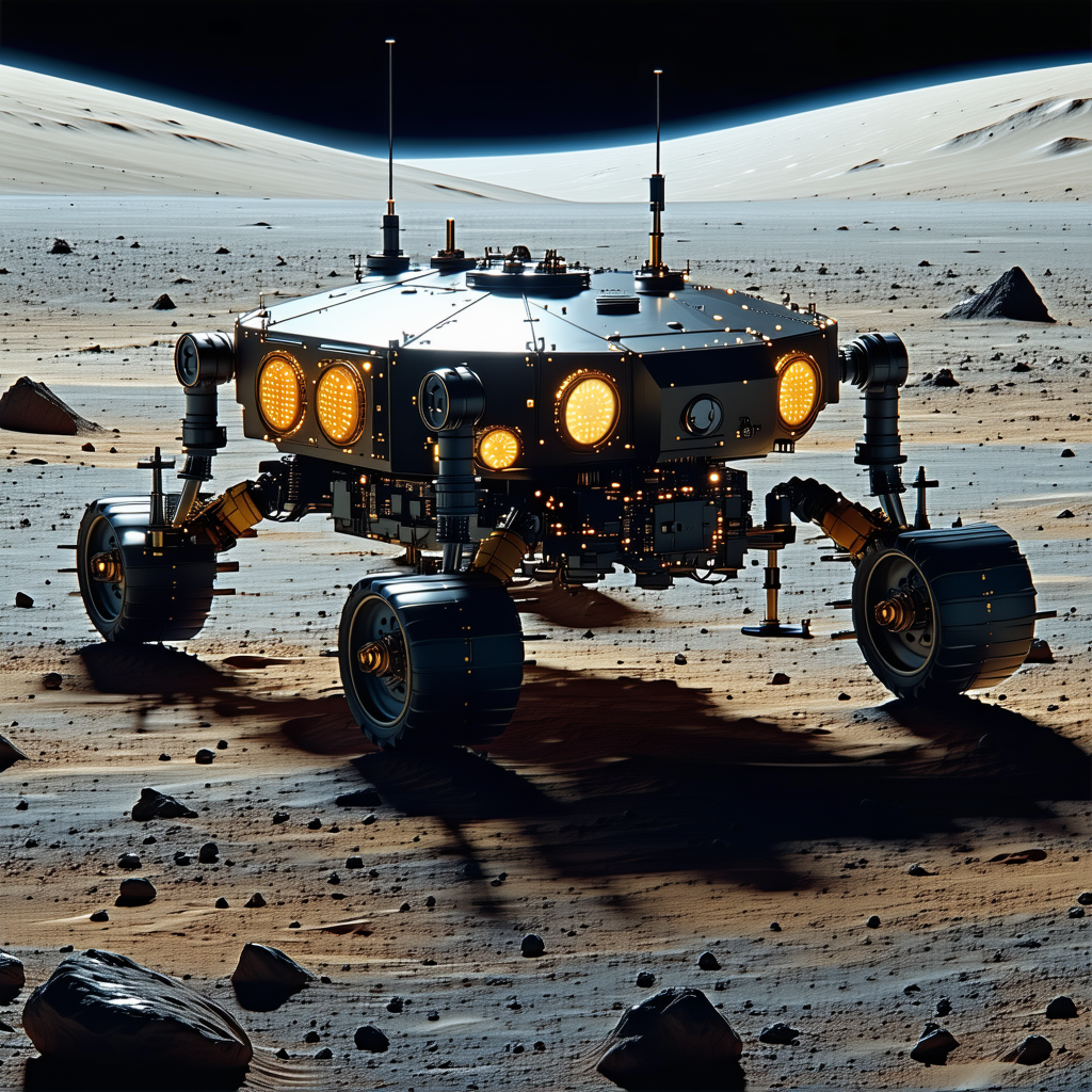 A Small Robotic Vehicle Is Driving Across A Rocky Surface, Possibly On A Moon Or A Planet