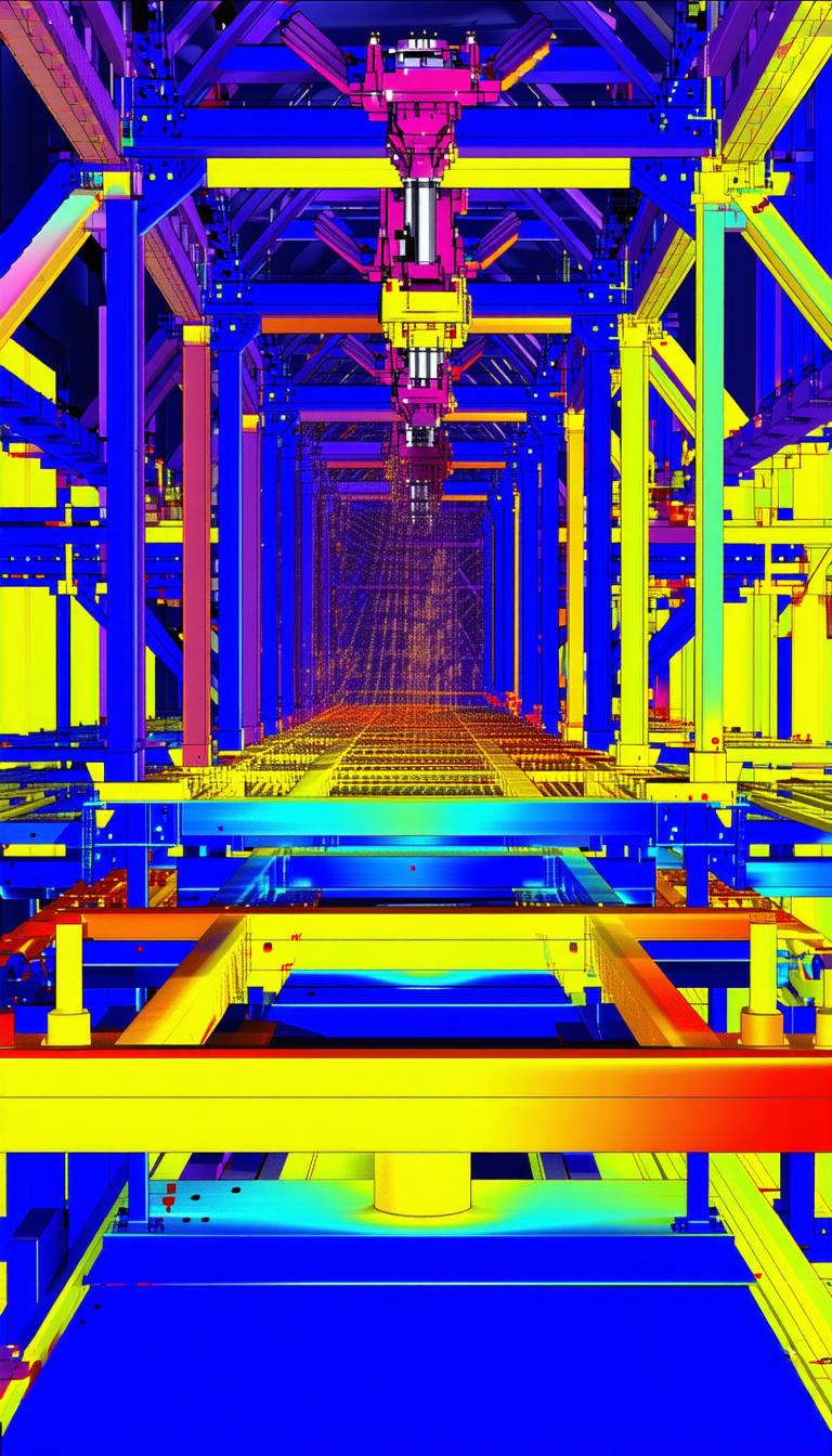 The Image Is A 3d Computer-generated Model Of A Factory, Featuring A Large Crane In The Center