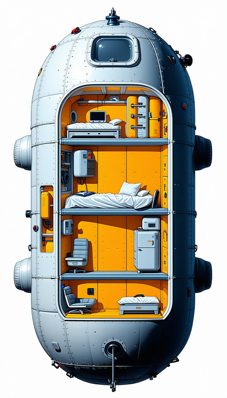 In The Image, There Is A Large, Futuristic Spacecraft With A Bedroom Inside